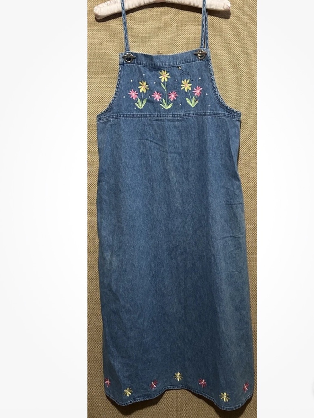 Quacker Factory Denim Dress 10 Blue Embroidered Floral Side Pockets 100% Cotton
